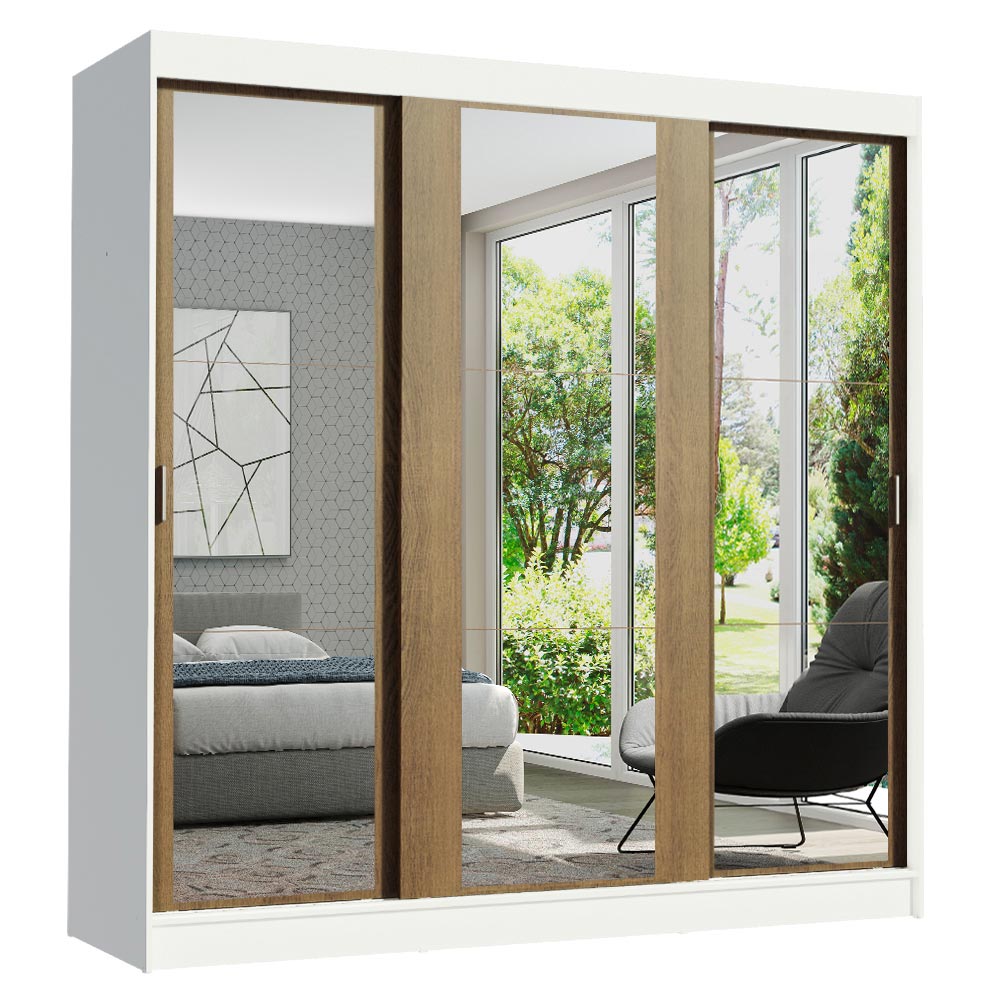 Guarda-Roupa Casal Madesa Reno 3 Portas de Correr de Espelho Branco/Rustic
