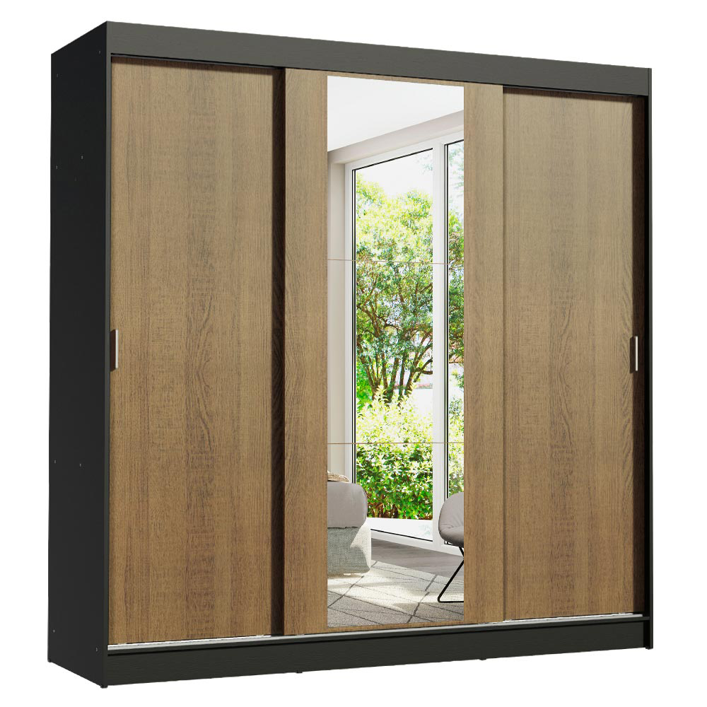 Guarda-Roupa Casal Madesa Reno 3 Portas de Correr com Espelho Preto/Rustic