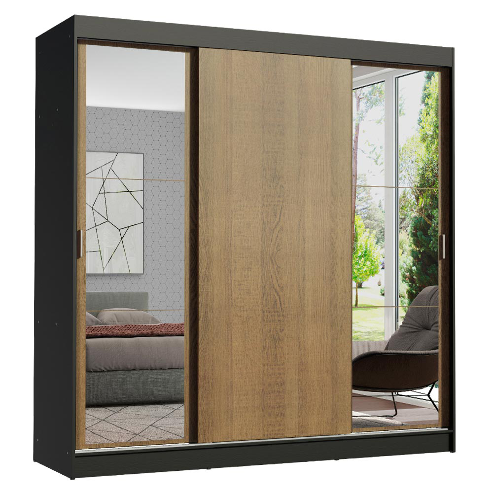 Guarda-Roupa Casal Madesa Reno 3 Portas de Correr com Espelhos Preto/Rustic