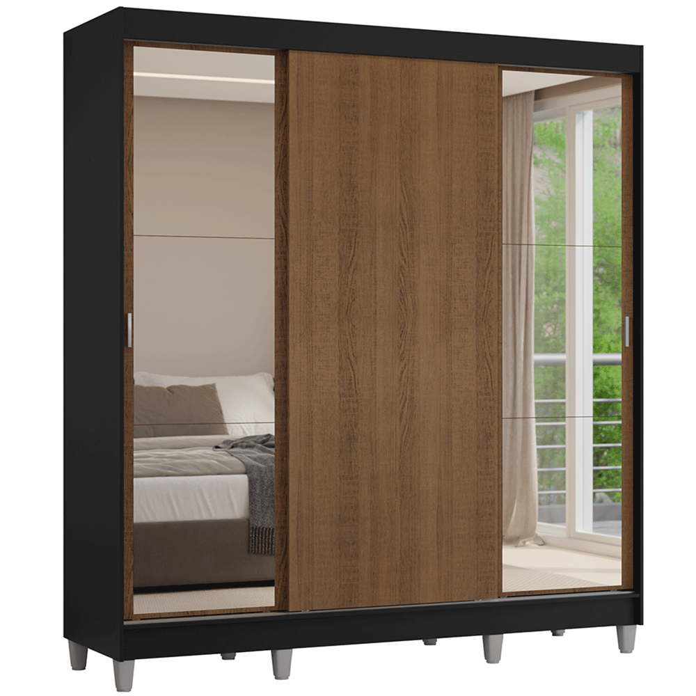 Guarda-Roupa Casal com Pés 3 Portas de Correr com Espelhos Preto/Rustic Reno Madesa