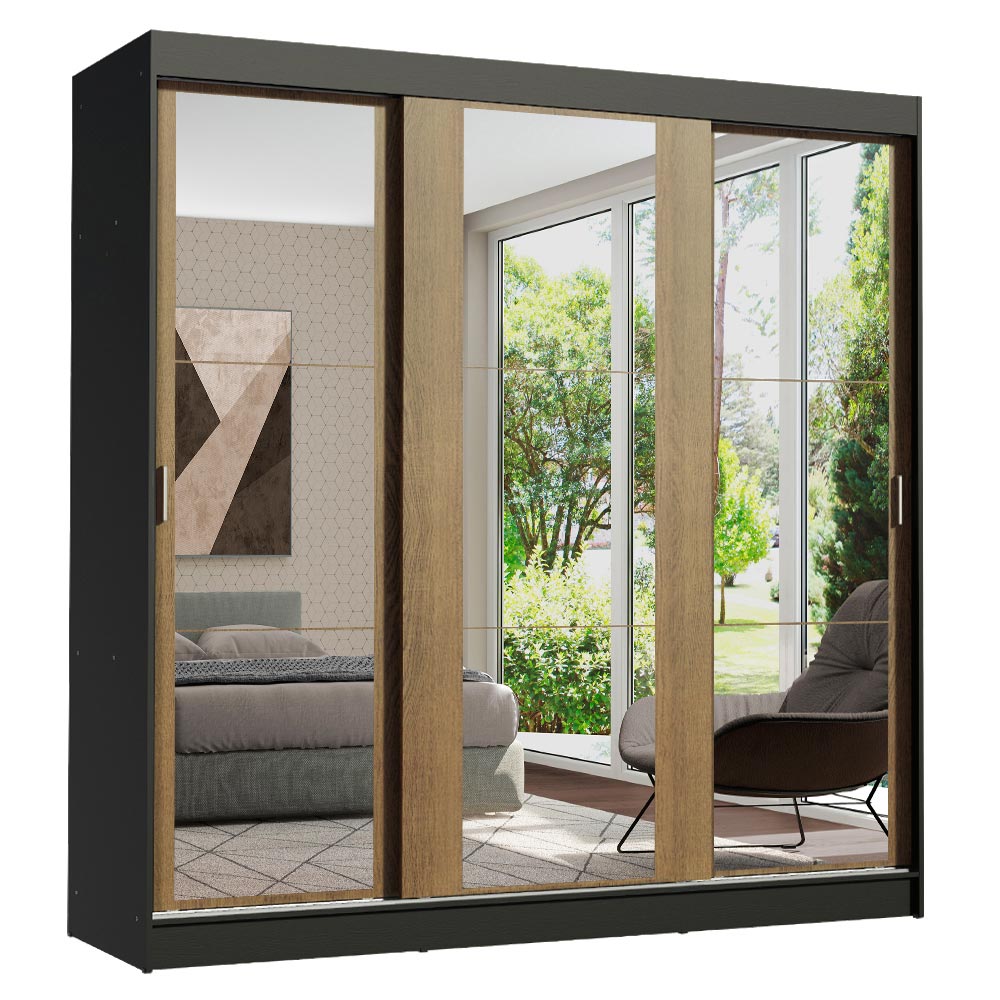 Guarda-Roupa Casal Madesa Reno 3 Portas de Correr de Espelho Preto/Rustic