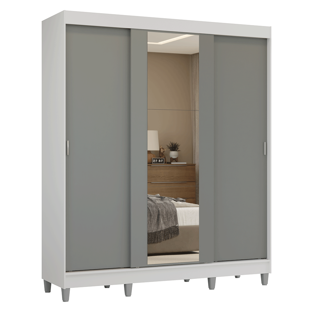 Guarda-Roupa Casal com Pés 3 Portas de Correr com Espelho Branco/Cinza Reno Madesa