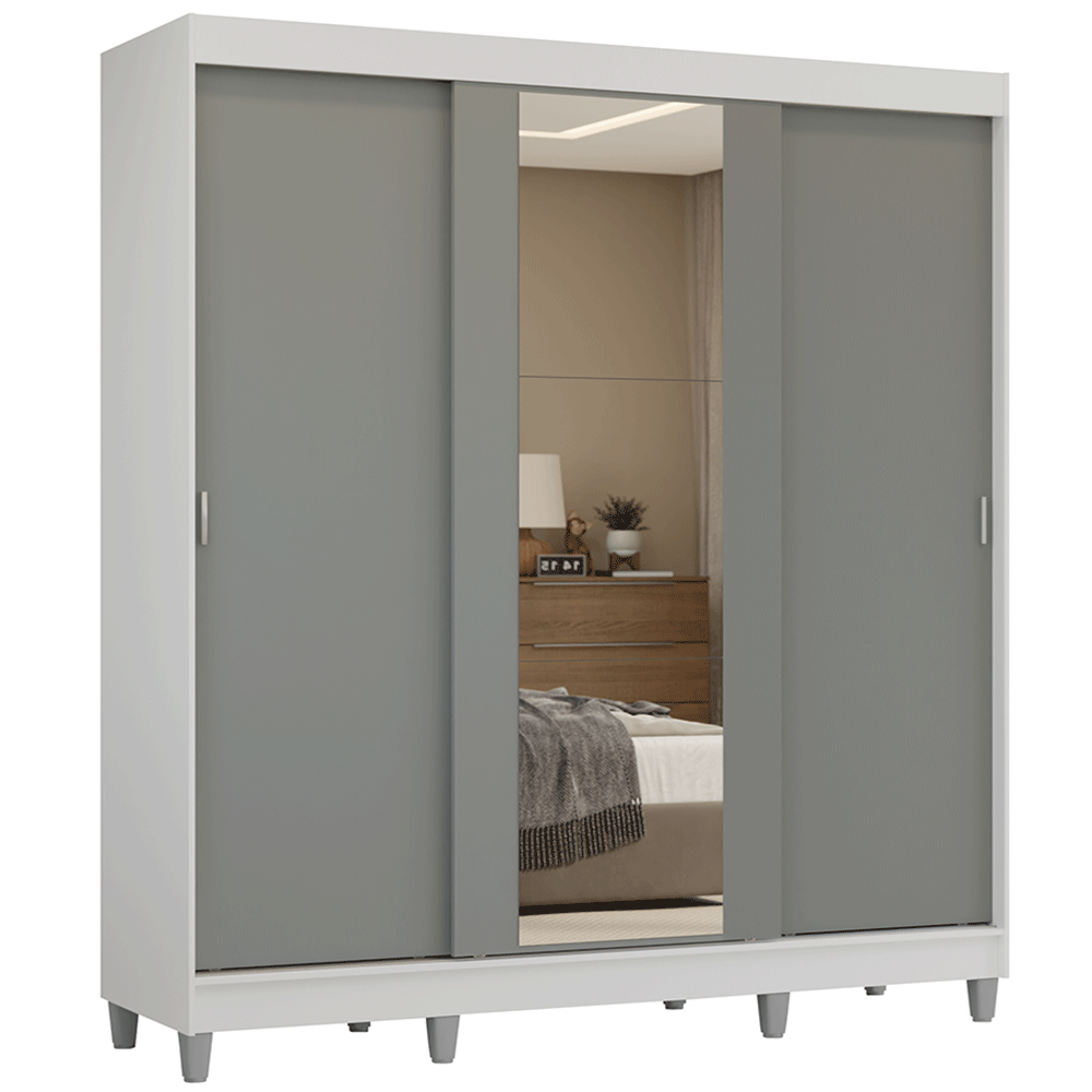 Guarda-Roupa Casal com Pés 3 Portas de Correr com Espelho Branco/Cinza Reno Madesa