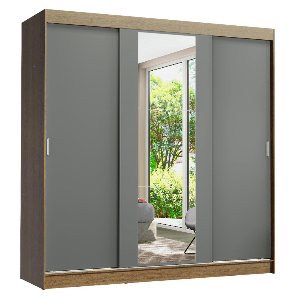 Guarda-Roupa Casal 3 Portas de Correr com Espelho Rustic/Cinza Madesa Reno