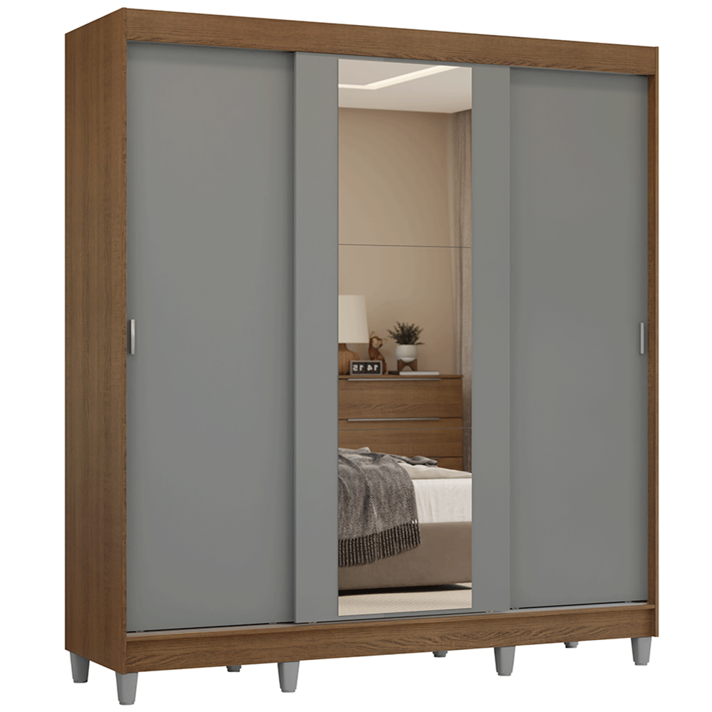 Guarda-Roupa Casal com Pés 3 Portas de Correr com Espelho Rustic/Cinza Reno Madesa
