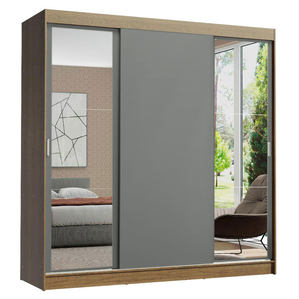 Guarda-Roupa Casal Madesa Reno 3 Portas de Correr com Espelhos Rustic/Cinza