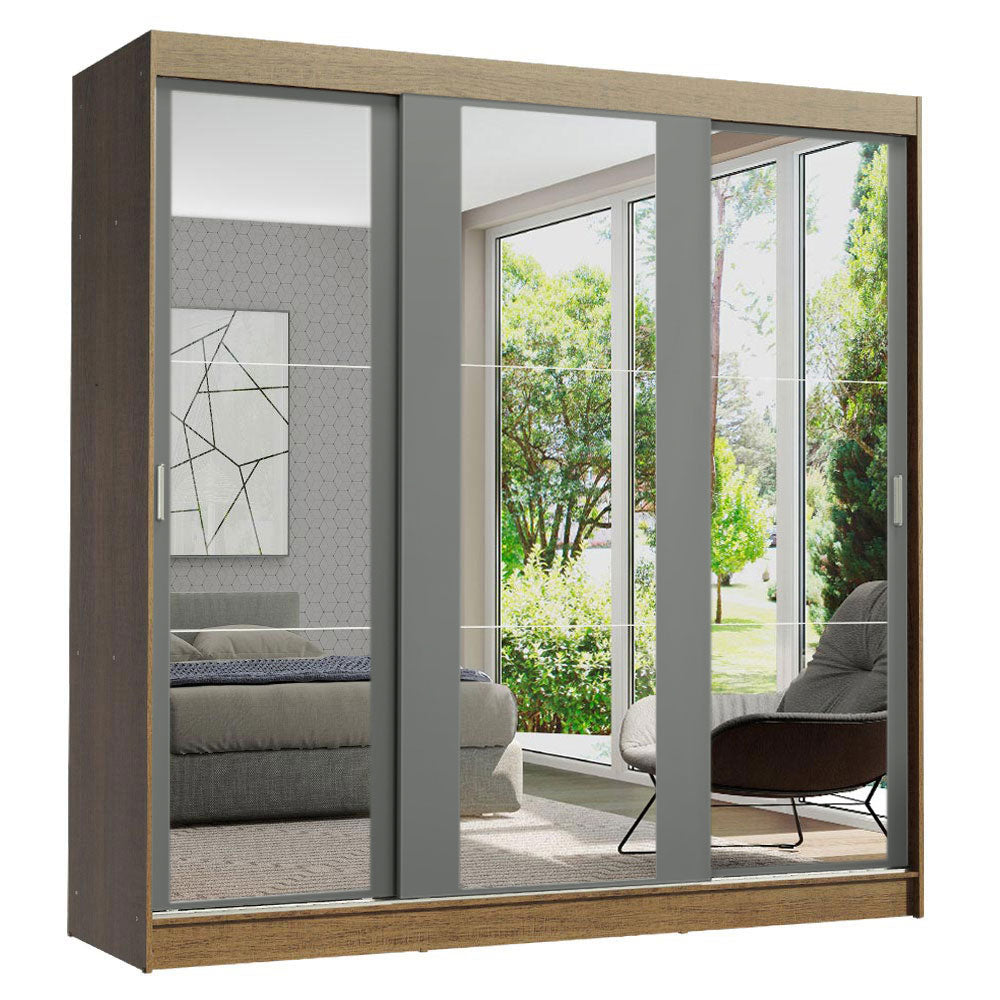 Guarda-Roupa Casal Madesa Reno 3 Portas de Correr de Espelho Rustic/Cinza