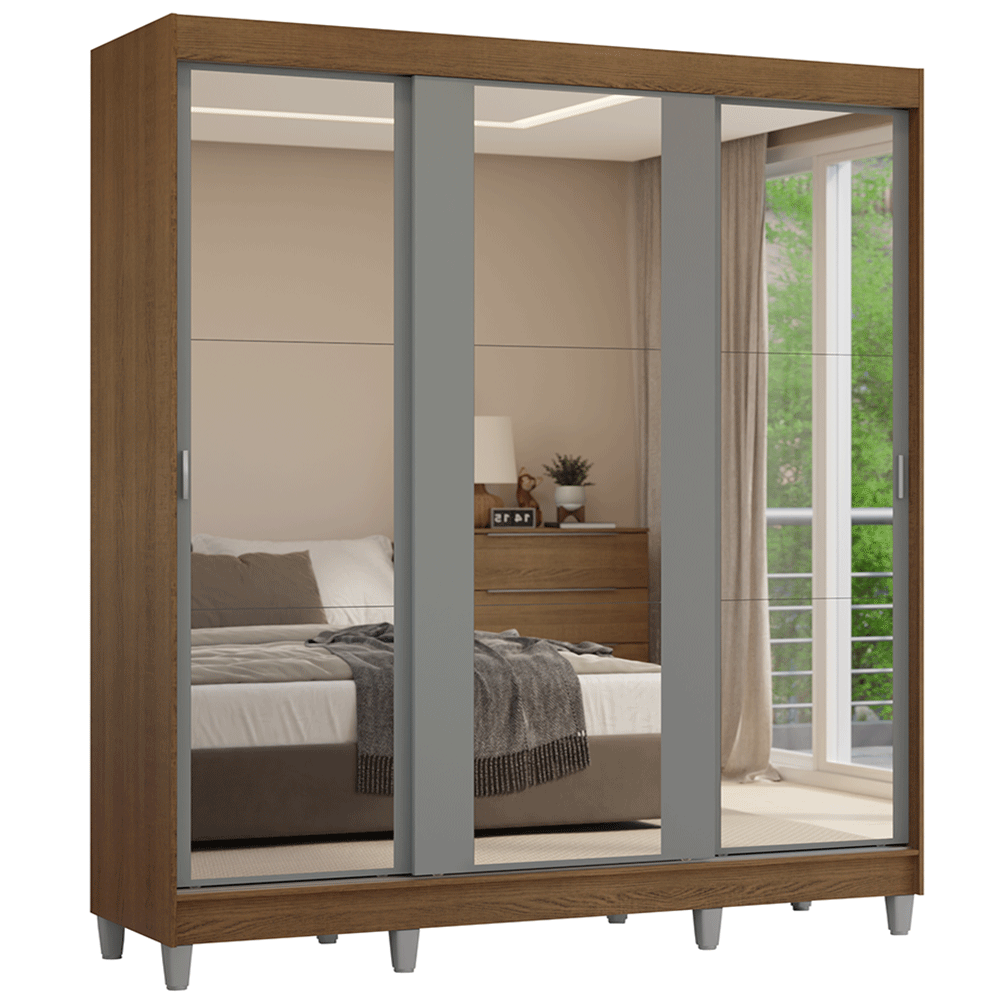 Guarda-Roupa Casal com Pés 3 Portas de Correr de Espelho Rustic/Cinza Reno Madesa