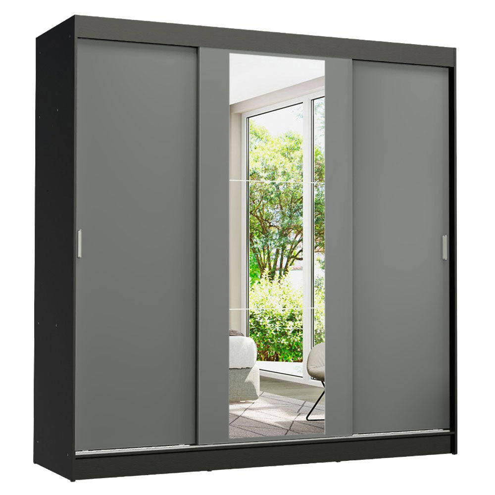 Guarda-Roupa Casal Madesa Reno 3 Portas de Correr com Espelho Preto/Cinza