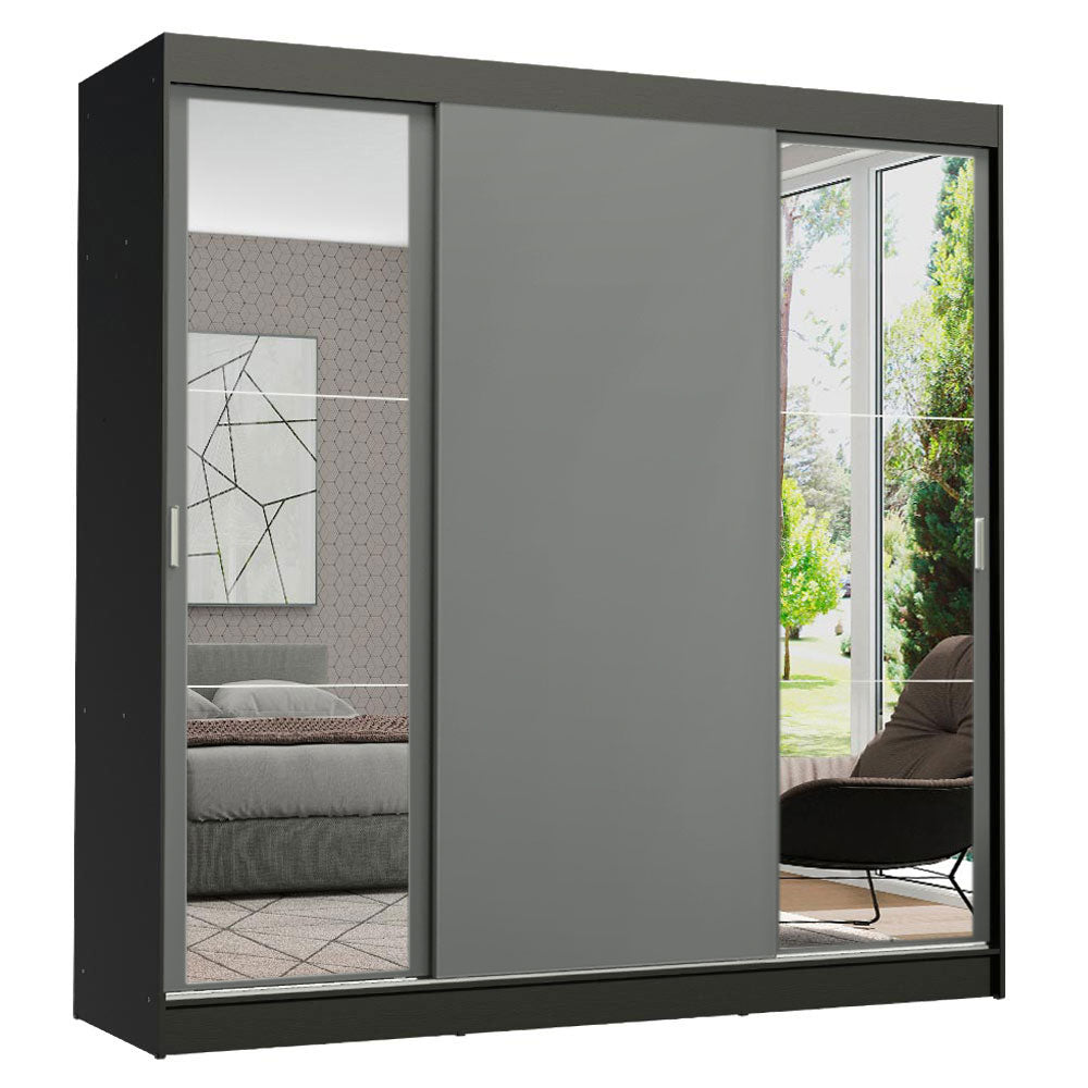 Guarda-Roupa Casal Madesa Reno 3 Portas de Correr com Espelhos Preto/Cinza