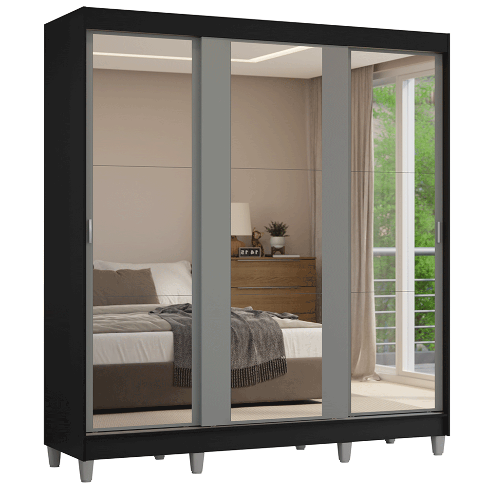 Guarda-Roupa Casal com Pés 3 Portas de Correr de Espelho Preto/Cinza Reno Madesa