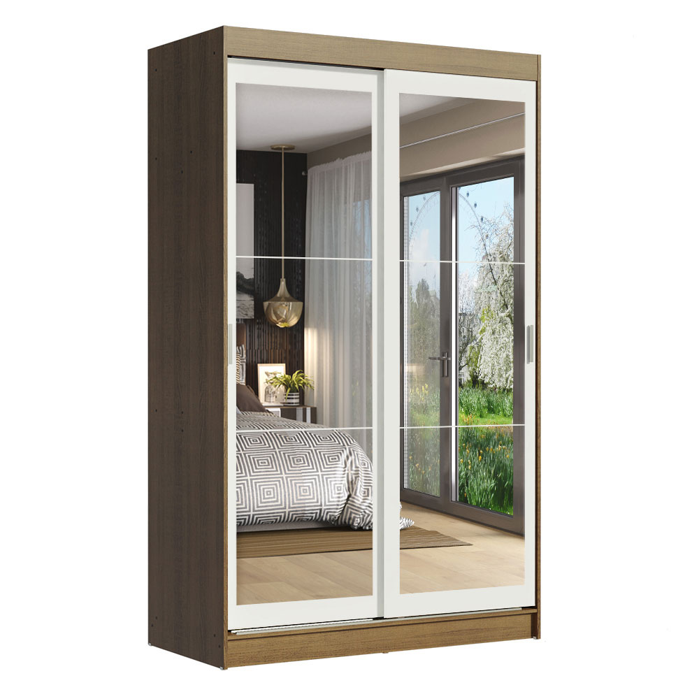 Guarda-Roupa Solteiro Madesa Tokio 2 Portas de Correr de Espelho 2 Gavetas Rustic/Branco