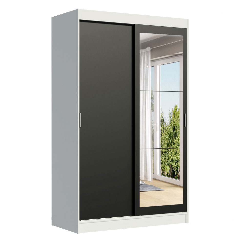 Guarda-Roupa Solteiro Madesa Tokio 2 Portas de Correr com Espelho 2 Gavetas Branco/Preto