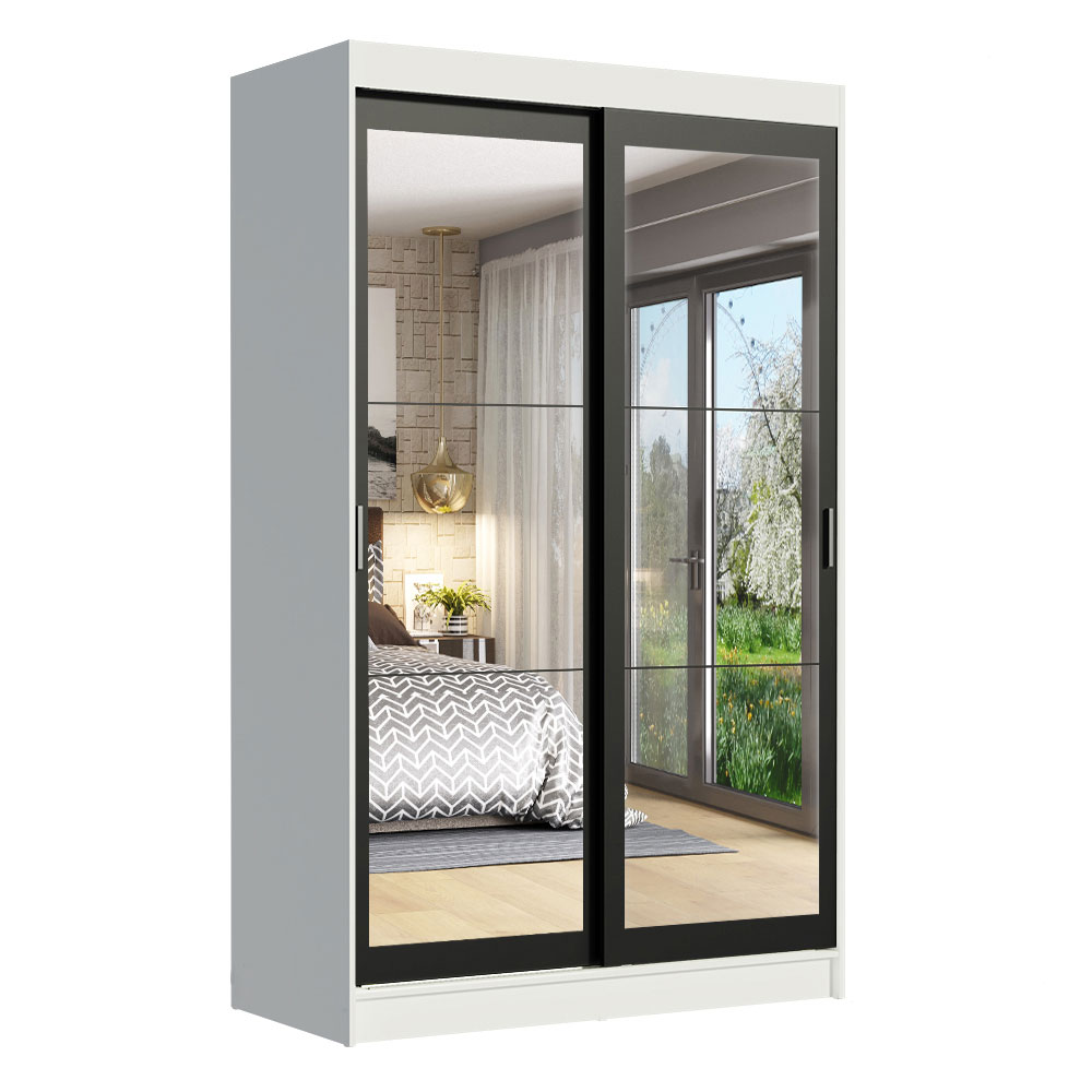 Guarda-Roupa Solteiro Madesa Tokio 2 Portas de Correr de Espelho 2 Gavetas Branco/Preto