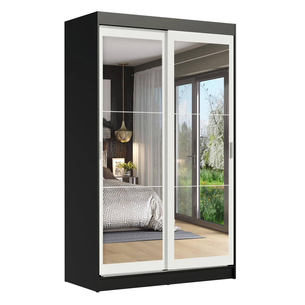Guarda-Roupa Solteiro Madesa Tokio 2 Portas de Correr de Espelho 2 Gavetas Preto/Branco