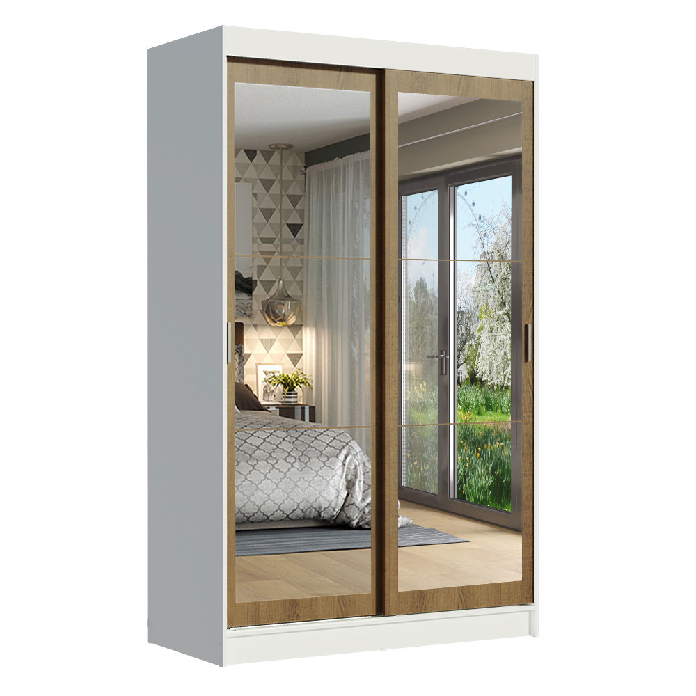 Guarda-Roupa Solteiro Madesa Tokio 2 Portas de Correr de Espelho 2 Gavetas Branco/Rustic