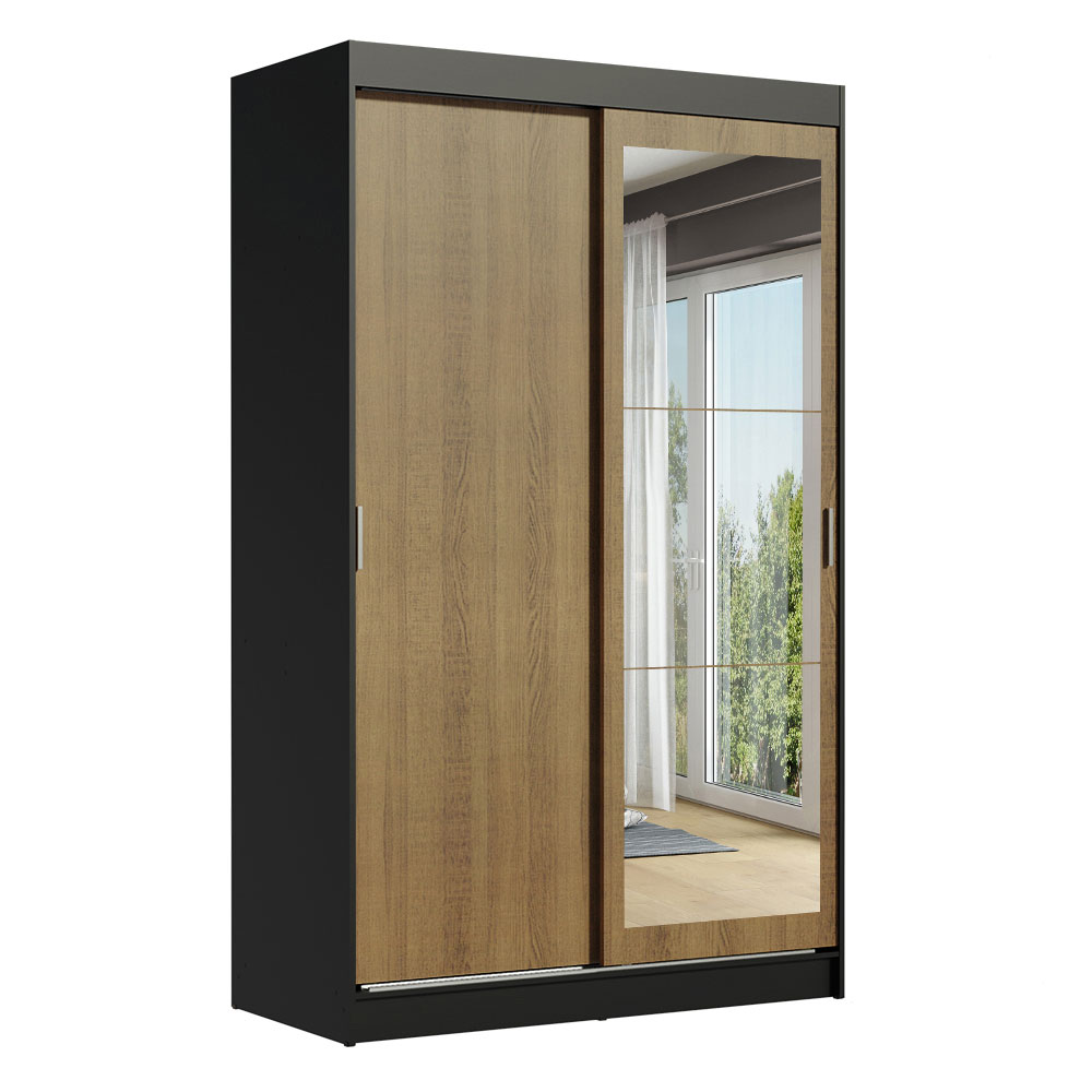 Guarda-Roupa Solteiro Madesa Tokio 2 Portas de Correr com Espelho 2 Gavetas Preto/Rustic