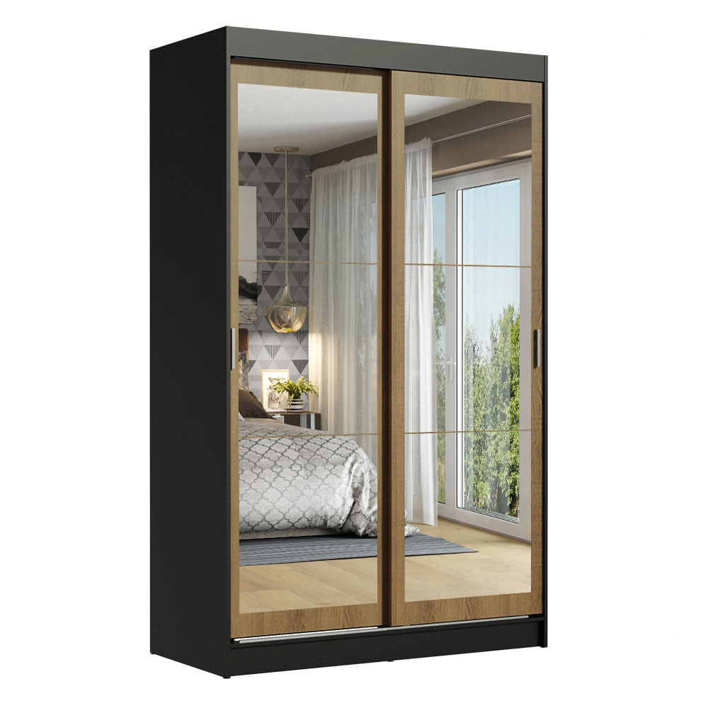 Guarda-Roupa Solteiro Madesa Tokio 2 Portas de Correr de Espelho 2 Gavetas Preto/Rustic