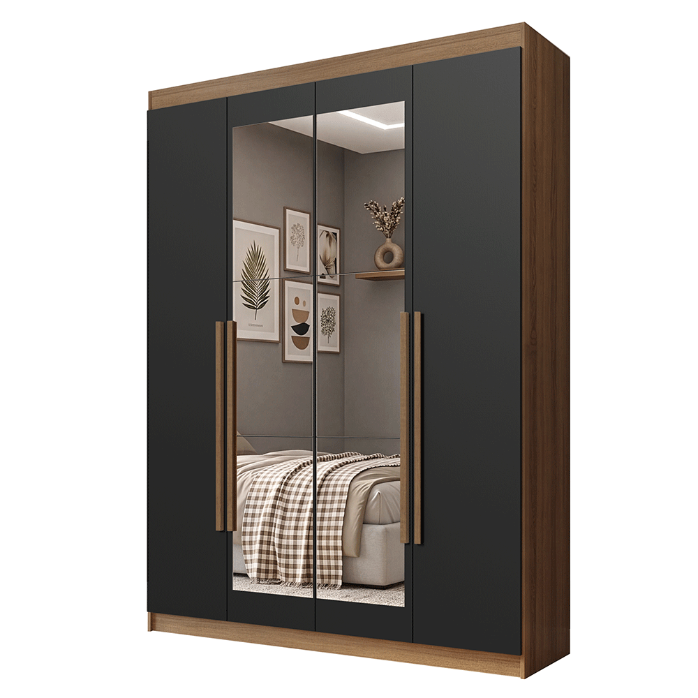 Guarda-Roupa Solteiro 4 Portas Batentes com Espelho Rustic/Preto/Rustic Venus Madesa