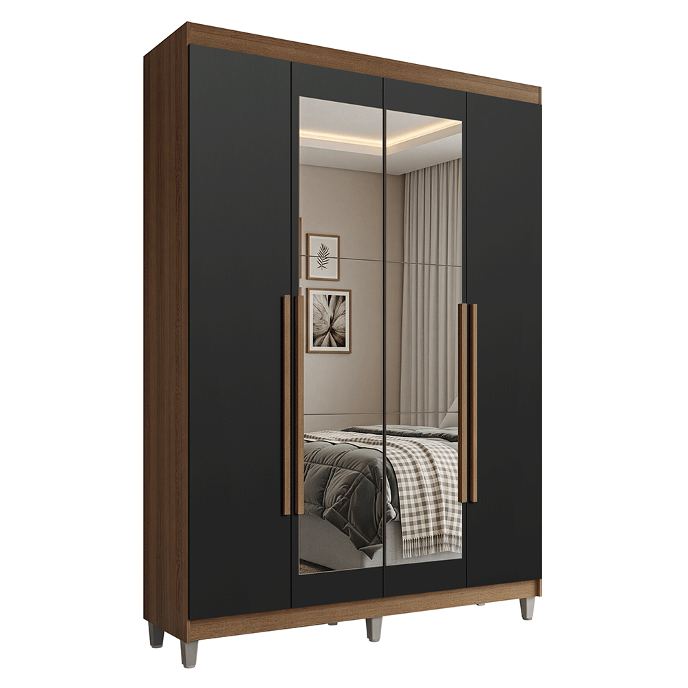 Guarda-Roupa Solteiro com Pés 4 Portas Batentes com Espelho Rustic/Preto/Rustic Venus Madesa