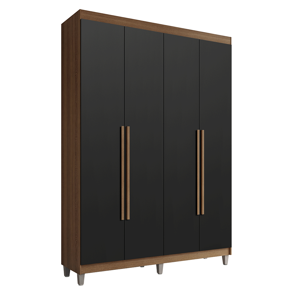 Guarda-Roupa Solteiro com Pés 4 Portas Batentes Rustic/Preto/Rustic Venus Madesa