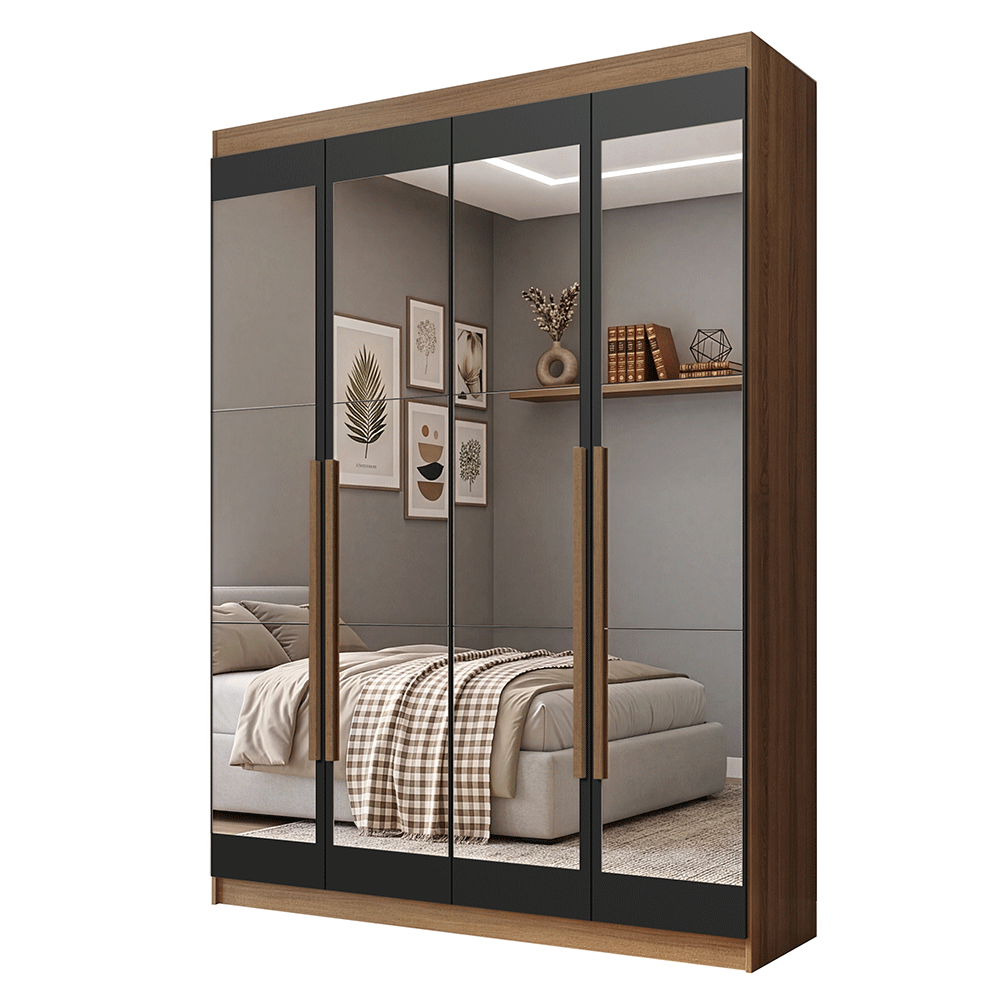 Guarda-Roupa Solteiro 4 Portas Batentes com Espelhos Rustic/Preto/Rustic Venus Madesa