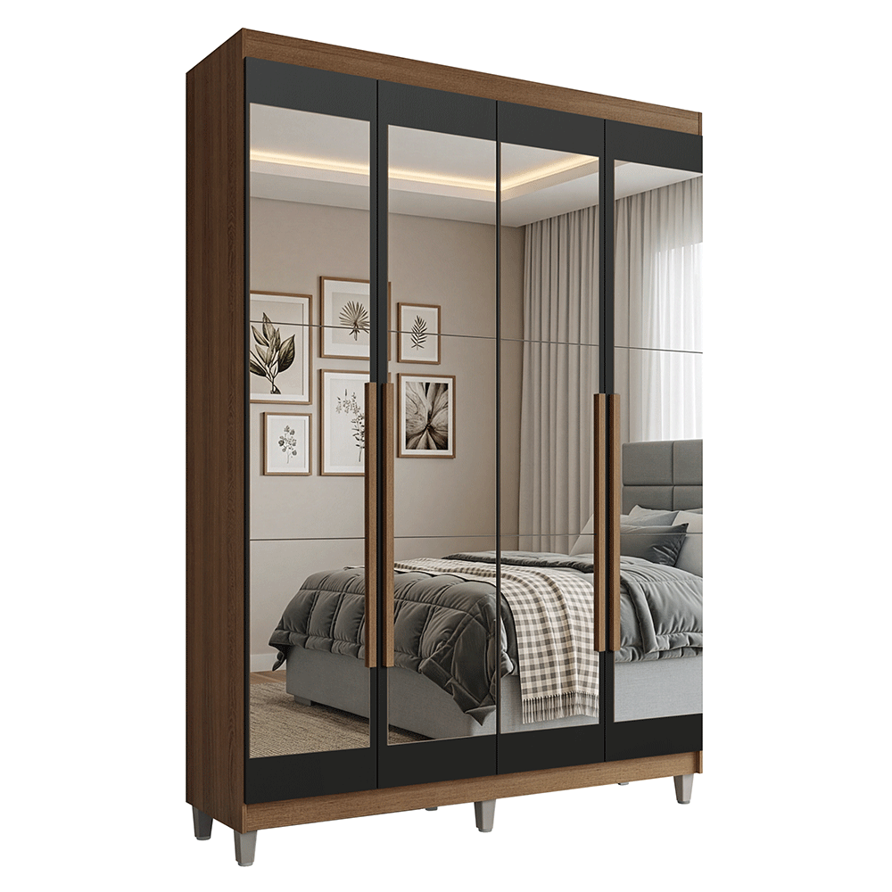 Guarda-Roupa Solteiro com Pés 4 Portas Batentes com Espelhos Rustic/Preto/Rustic Venus Madesa