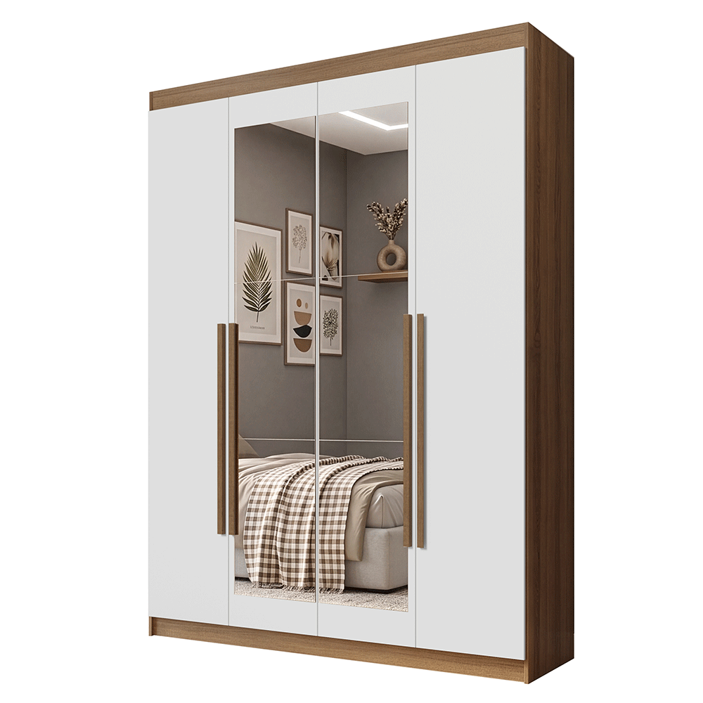 Guarda-Roupa Solteiro 4 Portas Batentes com Espelho Rustic/Branco/Rustic Venus Madesa