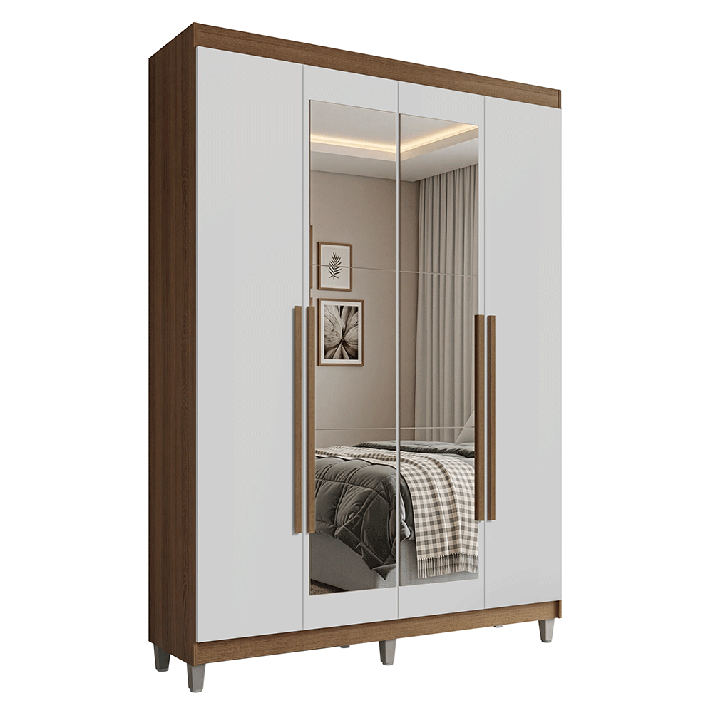 Guarda-Roupa Solteiro com Pés 4 Portas Batentes com Espelho Rustic/Branco/Rustic Venus Madesa