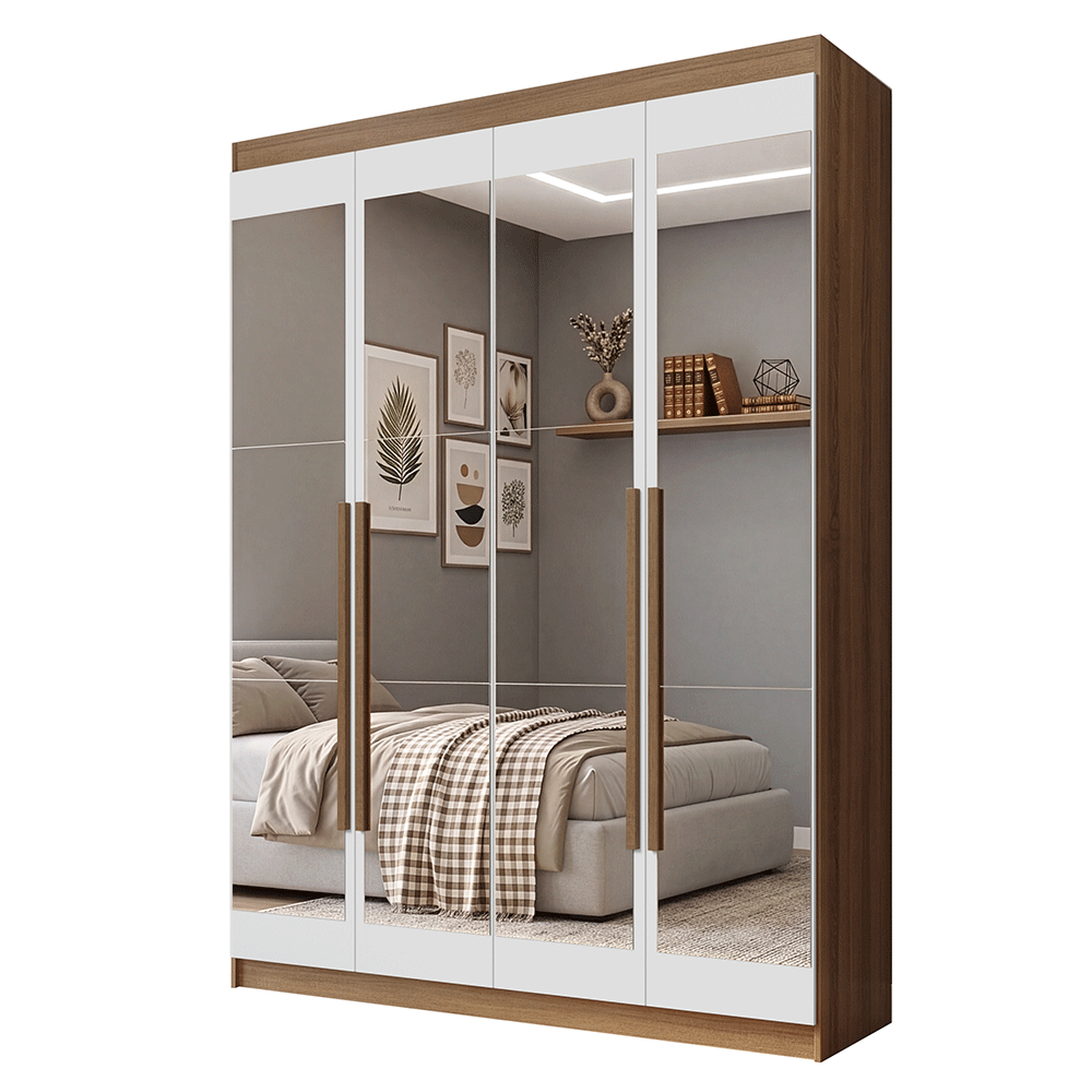 Guarda-Roupa Solteiro 4 Portas Batentes com Espelhos Rustic/Branco/Rustic Venus Madesa