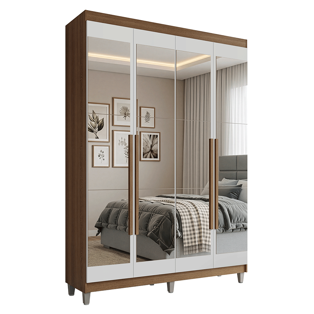 Guarda-Roupa Solteiro com Pés 4 Portas Batentes com Espelhos Rustic/Branco/Rustic Venus Madesa