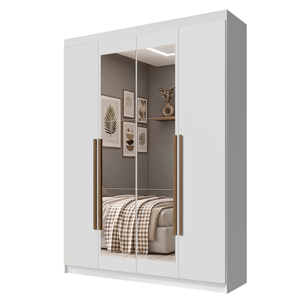 Guarda-Roupa Solteiro 4 Portas Batentes com Espelho Branco/Branco/Rustic Venus Madesa