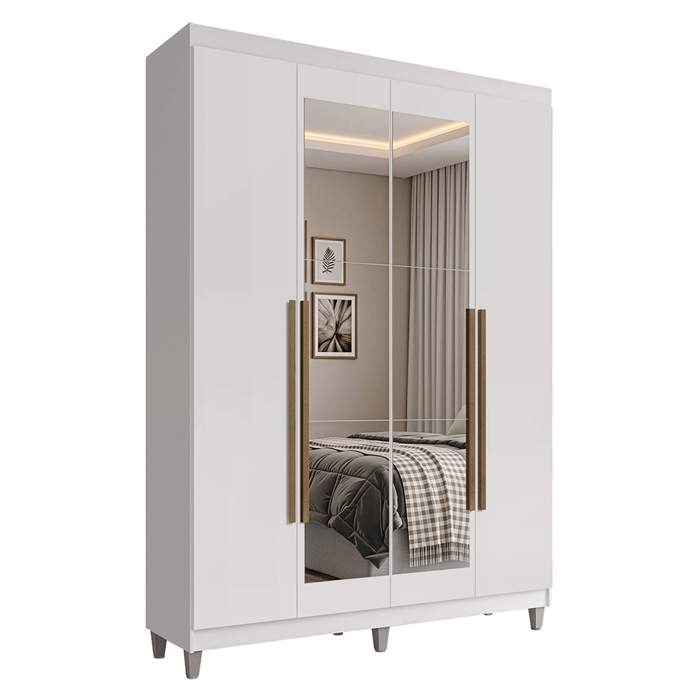 Guarda-Roupa Solteiro com Pés 4 Portas Batentes com Espelho Branco/Branco/Rustic Venus Madesa