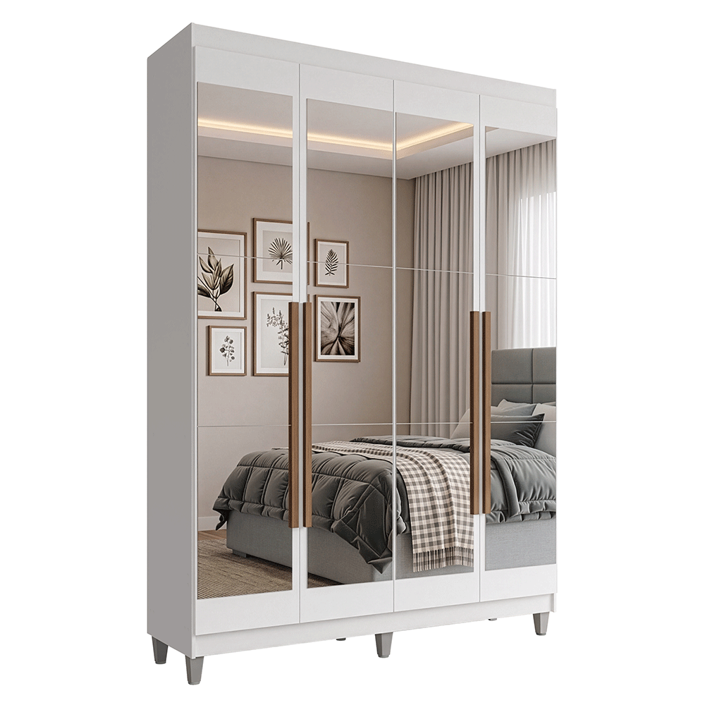 Guarda-Roupa Solteiro com Pés 4 Portas Batentes com Espelhos Branco/Branco/Rustic Venus Madesa