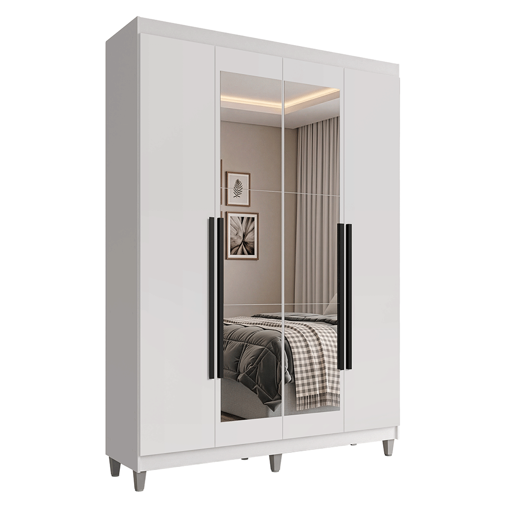 Guarda-Roupa Solteiro com Pés 4 Portas Batentes com Espelho Branco/Branco/Preto Venus Madesa