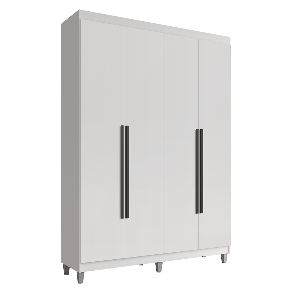 Guarda-Roupa Solteiro com Pés 4 Portas Batentes Branco/Branco/Preto Venus Madesa
