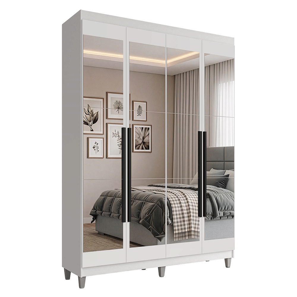 Guarda-Roupa Solteiro com Pés 4 Portas Batentes com Espelhos Branco/Branco/Preto Venus Madesa