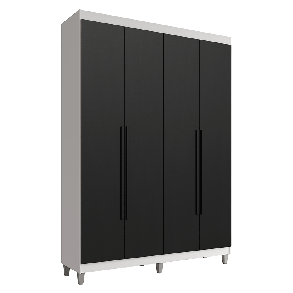 Guarda-Roupa Solteiro com Pés 4 Portas Batentes Branco/Preto/Preto Venus Madesa