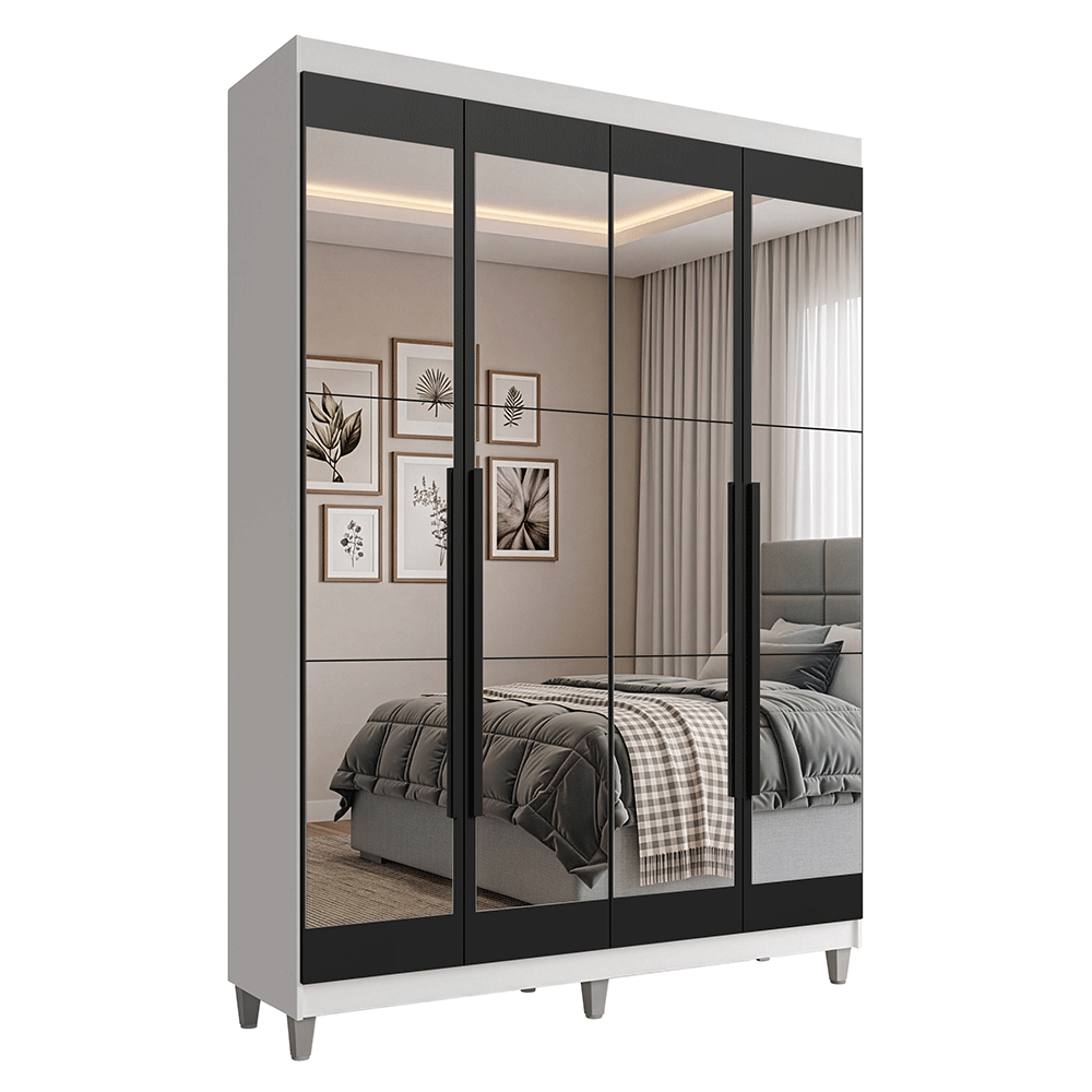 Guarda-Roupa Solteiro com Pés 4 Portas Batentes com Espelhos Branco/Preto/Preto Venus Madesa