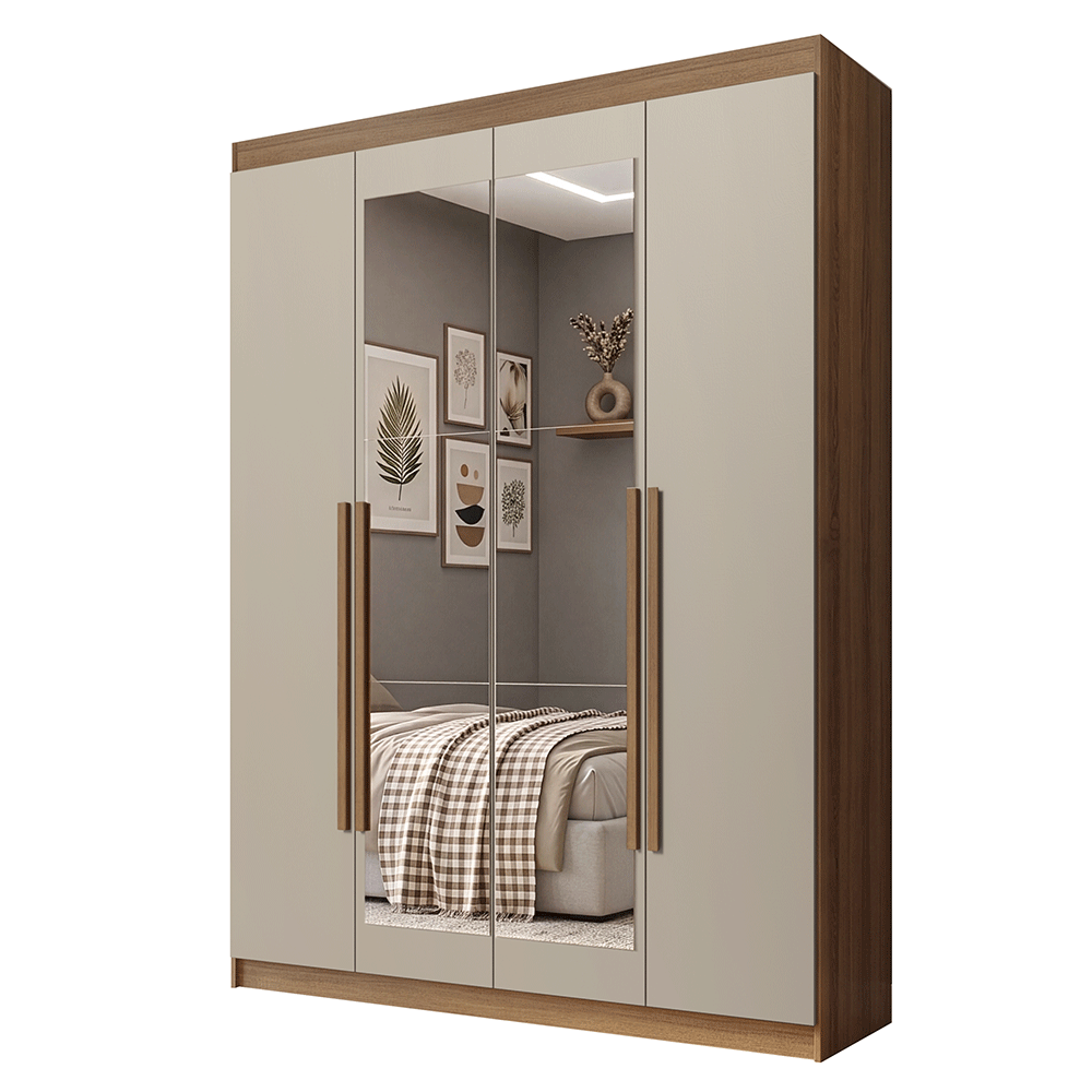 Guarda-Roupa Solteiro 4 Portas Batentes com Espelho Rustic/Crema/Rustic Venus Madesa