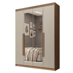 Guarda-Roupa Solteiro 4 Portas Batentes com Espelho Rustic/Crema/Rustic Venus Madesa