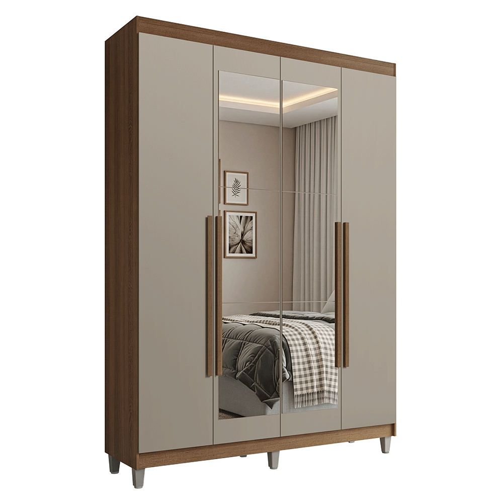 Guarda-Roupa Solteiro com Pés 4 Portas Batentes com Espelho Rustic/Crema/Rustic Venus Madesa