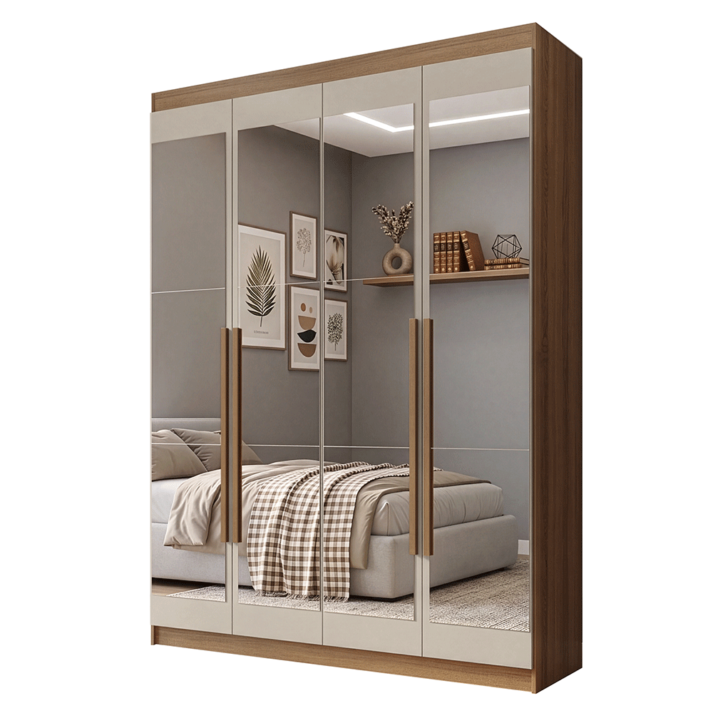 Guarda-Roupa Solteiro 4 Portas Batentes com Espelhos Rustic/Crema/Rustic Venus Madesa