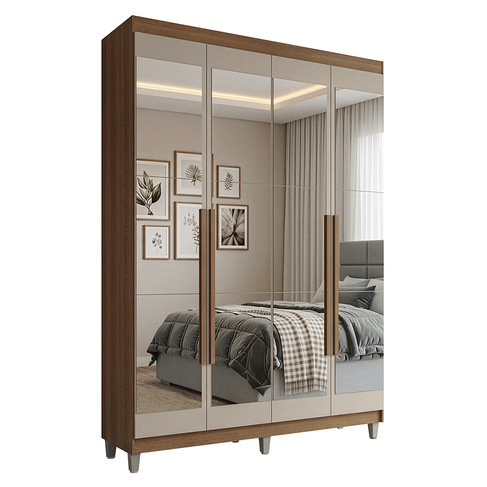 Guarda-Roupa Solteiro com Pés 4 Portas Batentes com Espelhos Rustic/Crema/Rustic Venus Madesa