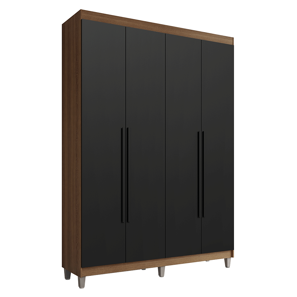 Guarda-Roupa Solteiro com Pés 4 Portas Batentes Rustic/Preto/Preto Venus Madesa