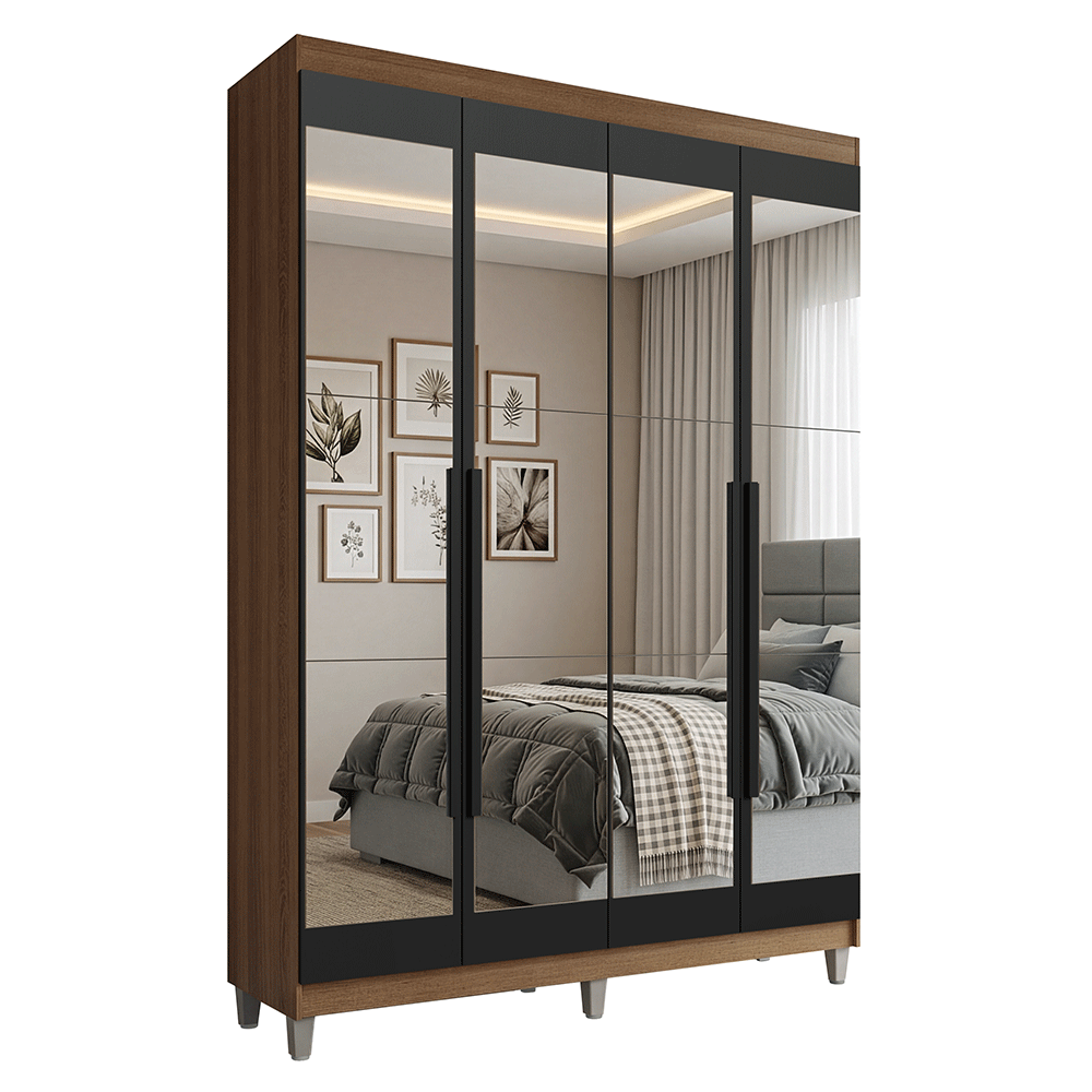 Guarda-Roupa Solteiro com Pés 4 Portas Batentes com Espelhos Rustic/Preto/Preto Venus Madesa