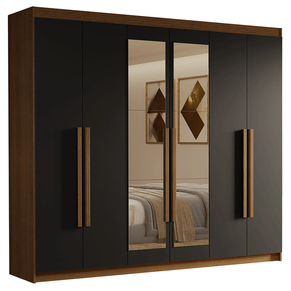 Guarda-Roupa Casal 6 Portas Batentes com Espelho Rustic/Preto/Rustic Venus Madesa