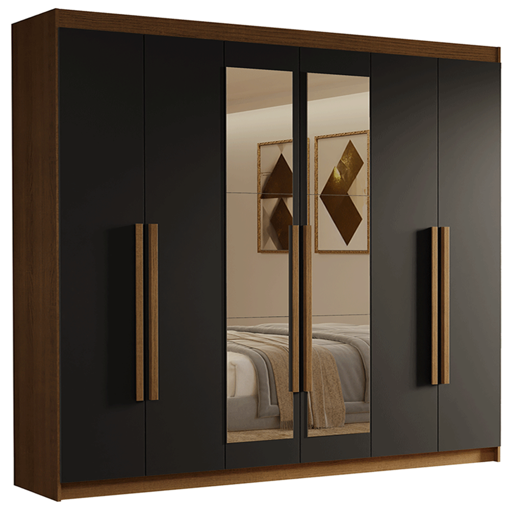 Guarda-Roupa Casal 6 Portas Batentes com Espelho Rustic/Preto/Rustic Venus Madesa