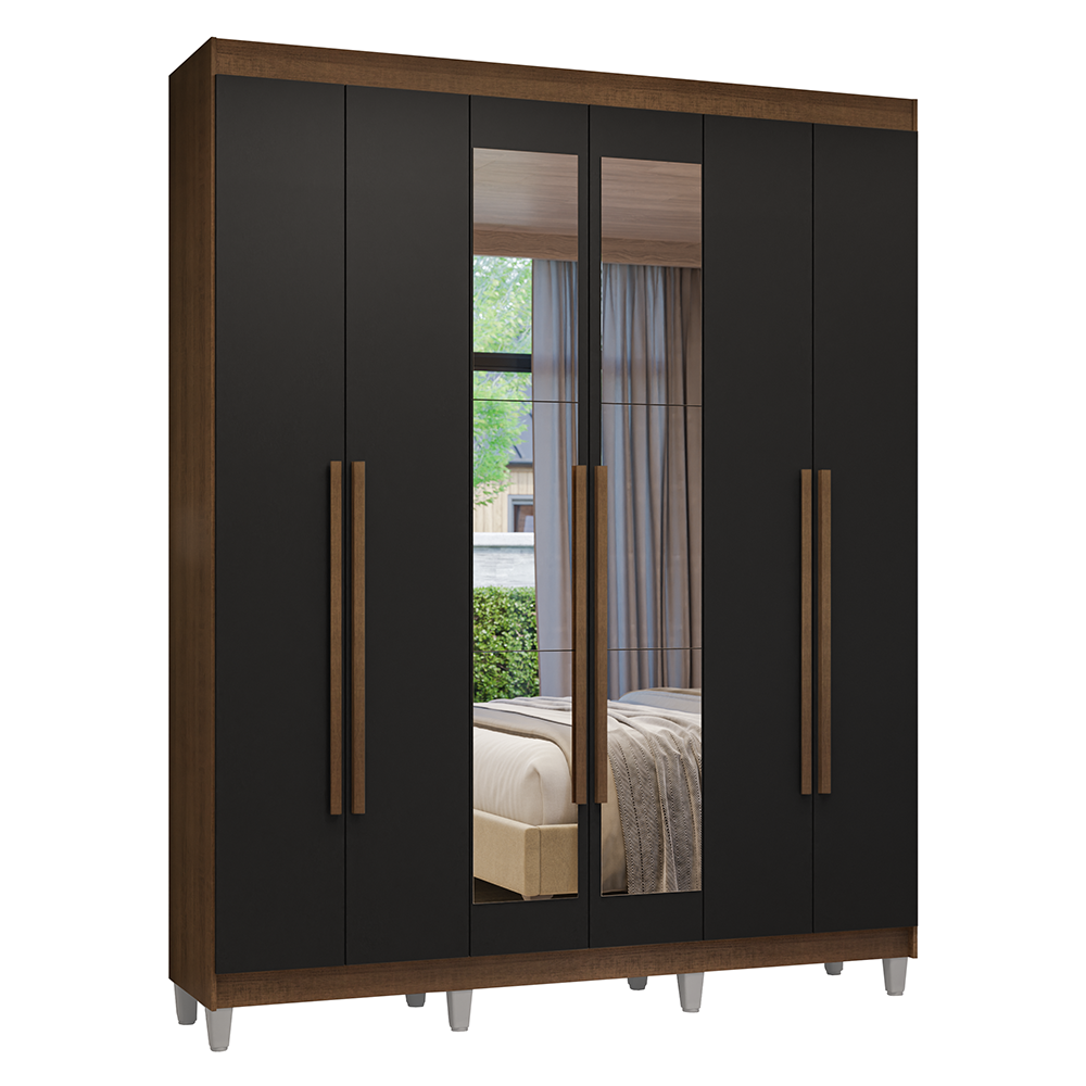 Guarda-Roupa Casal com Pés 6 Portas Batentes com Espelho Rustic/Preto/Rustic Venus Madesa