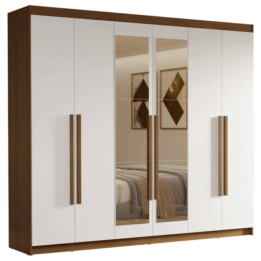 Guarda-Roupa Casal 6 Portas Batentes com Espelho Rustic/Branco/Rustic Venus Madesa